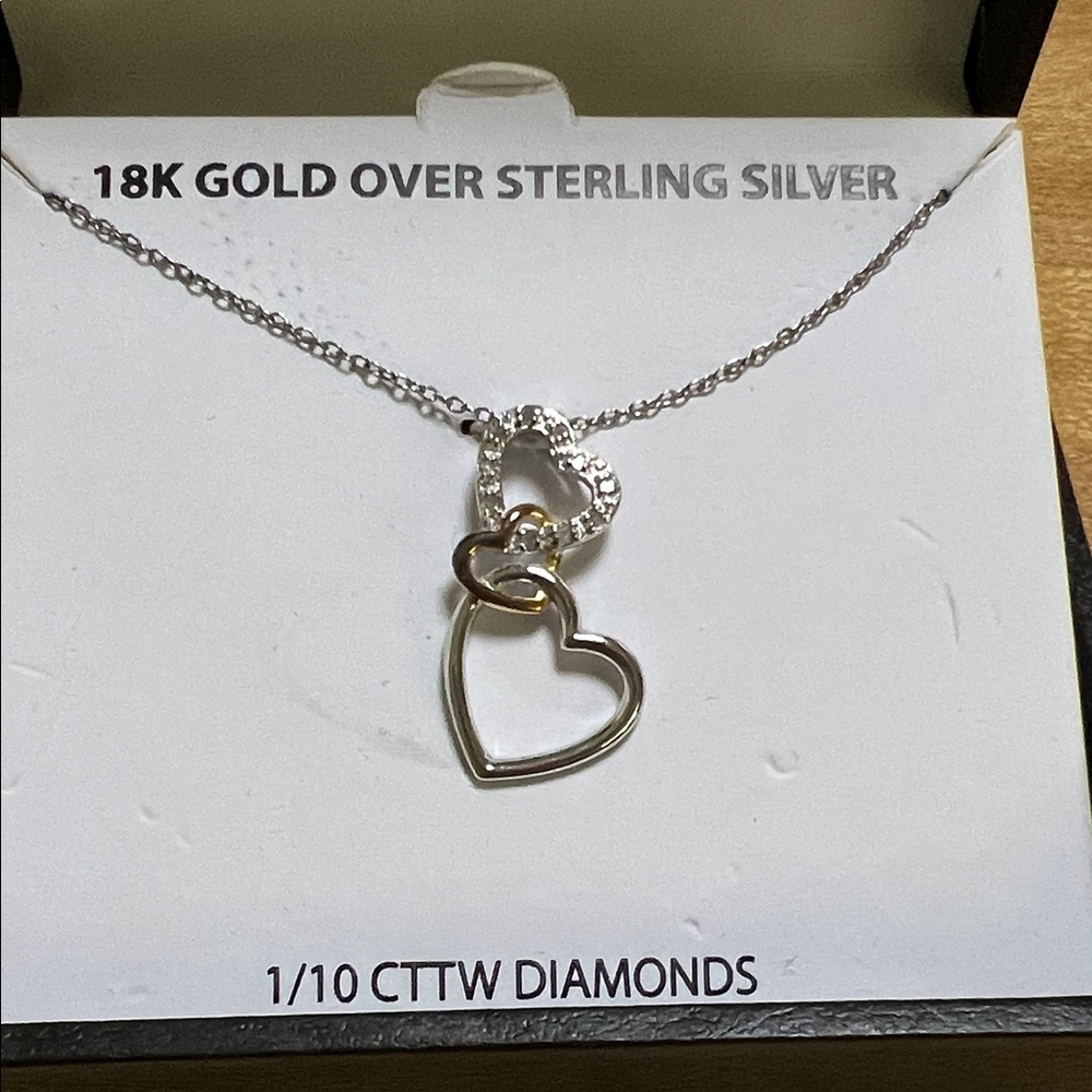 Gold and Silver Heart Pendant Necklace 18k gold over sterling silver 1/10 Ctt